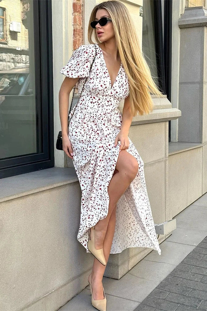 Glorol - Printed V-Neck Patchwork Slim Maxi Dress