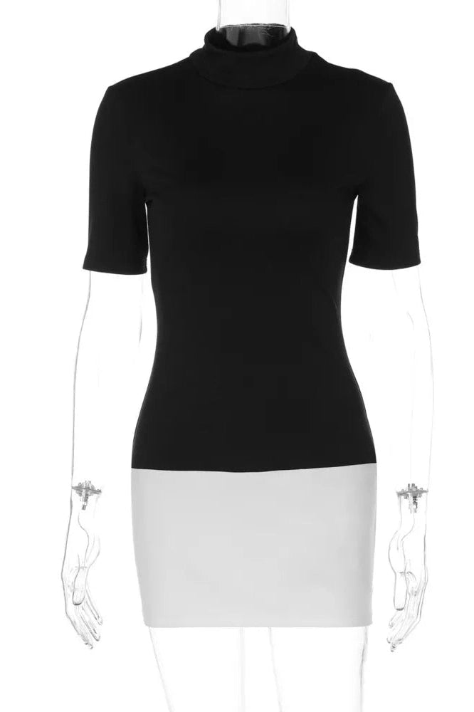 Glorol - High Collar Half Sleeve Patchwork High Waist Mini Dress
