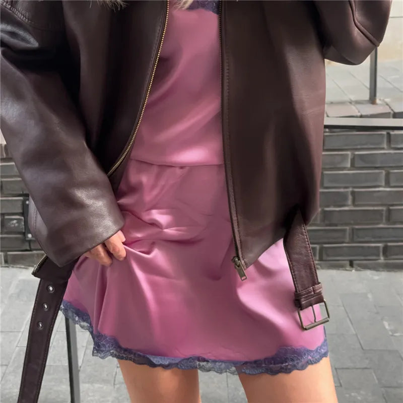 Glorol - Lace Trim Silky Slip Elastic Waist Skirt