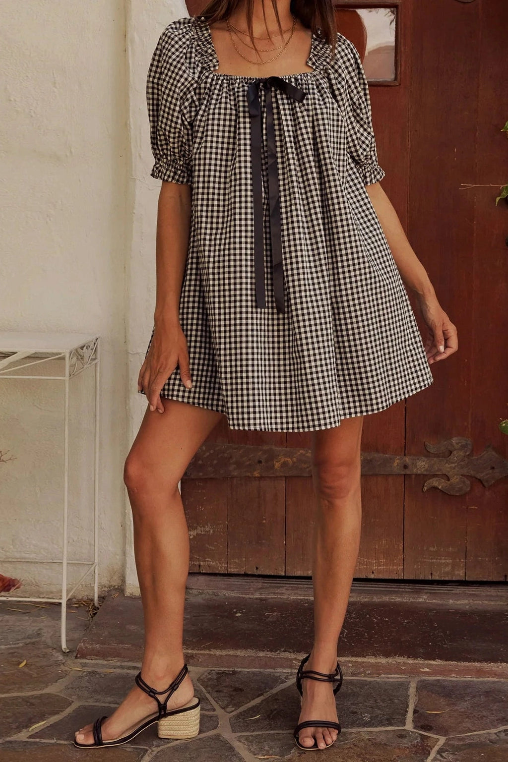Glorol - Plaid Loose Square Neck Puff Sleeve Mini Dress