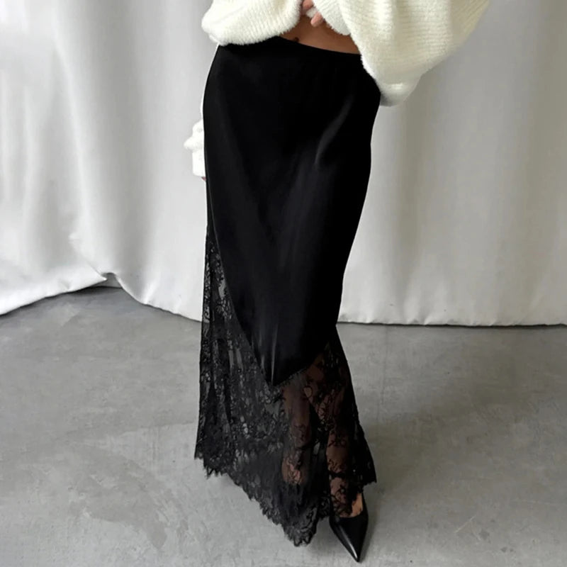 Glorol - High Waist Lace Patchwork See Through Skirt