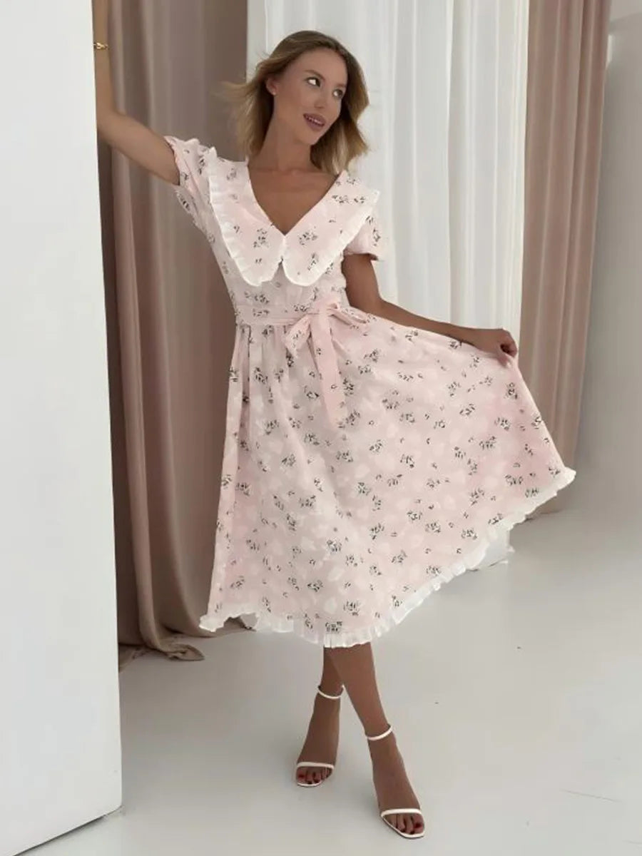 Glorol - Printed Short Sleeve Lace-Up Midi Dress