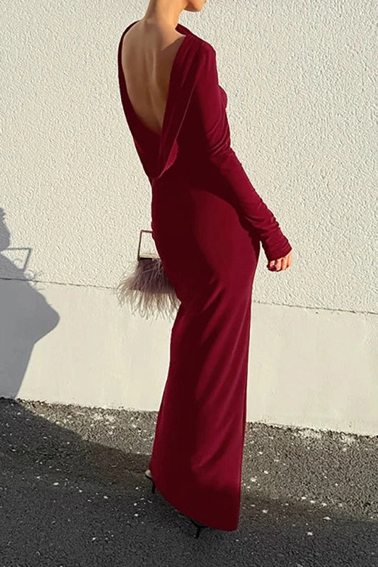 Pleated O-Neck Backless Slim Long Sleeve Split Maxi Dress