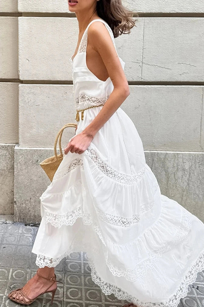 Glorol - Hollow Out High Waist Lace Sleeveless Pleated Maxi Dress