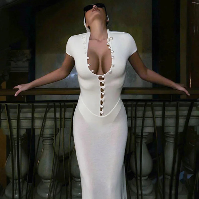 Glorol - Hollow Out See Through Patchwork Maxi Dress