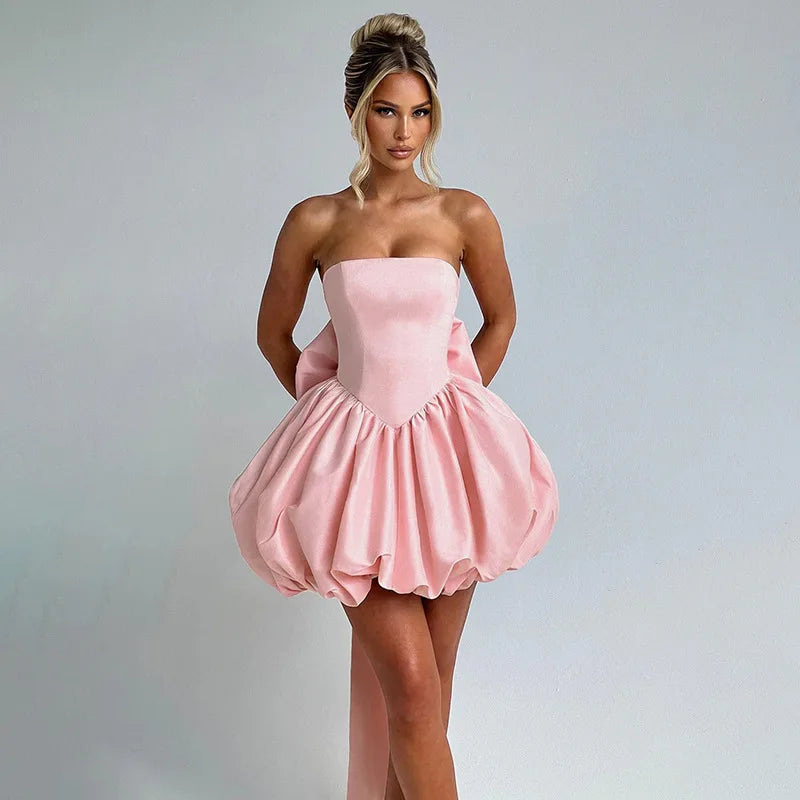 Glorol - Backless Strapless Lace Up High Waist Mini Dress