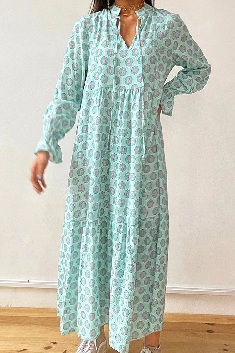 Glorol - Print Tie-Up Long Sleeve V-Neck Maxi Dress