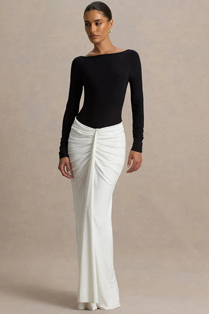 Glorol - Long Sleeve Backless Patchwork High Waist Maxi Dress