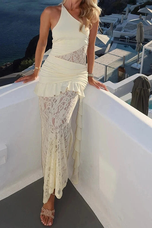 Glorol - Off Shoulder Slash Collar Lace Fit Maxi Dress