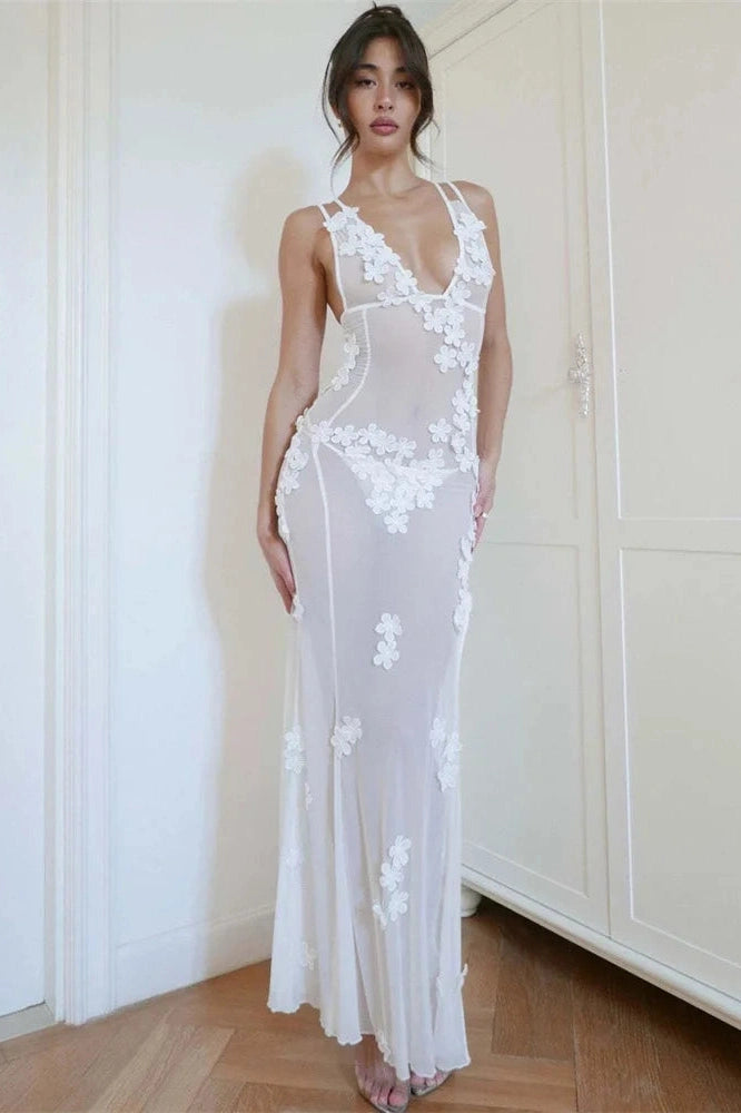 Glorol - See-Through Slim High Split Backless V-Neck Maxi Dress