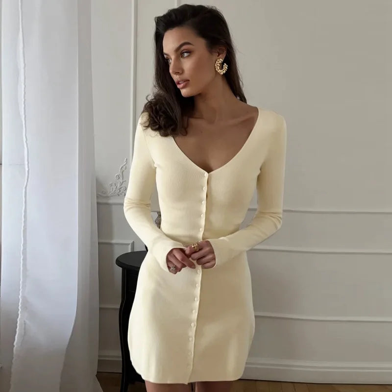 Glorol - Long Sleeve V Neck Single Breasted Slim Mini Dress