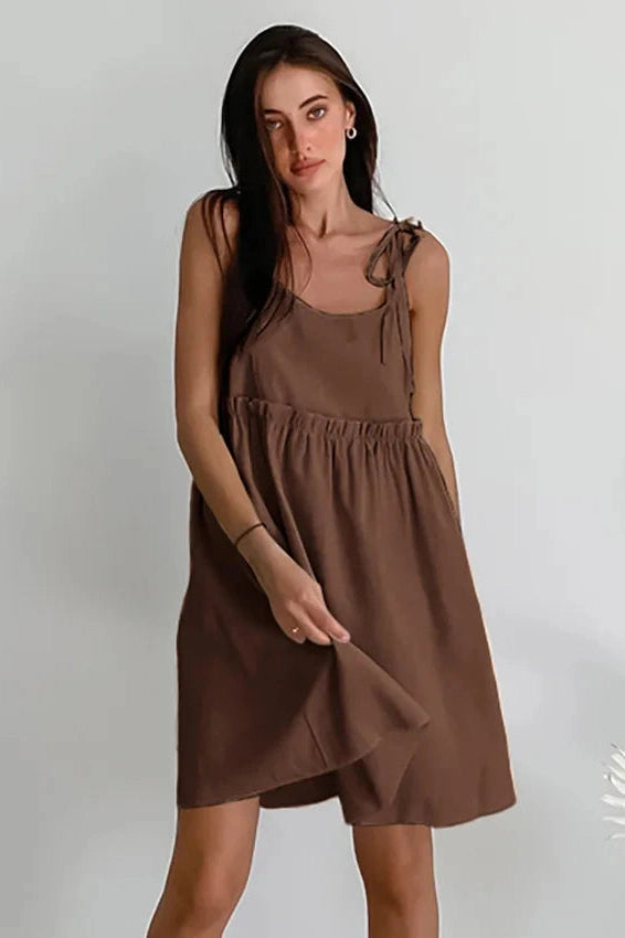 Glorol - Spaghetti Strap Loose Cotton Lace Up Mini Dress