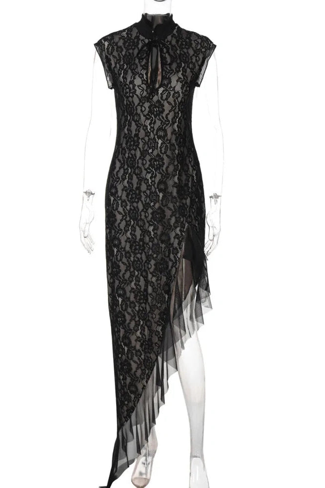 Glorol - Hollow Out Lace Sleeveless High Split Maxi Dress