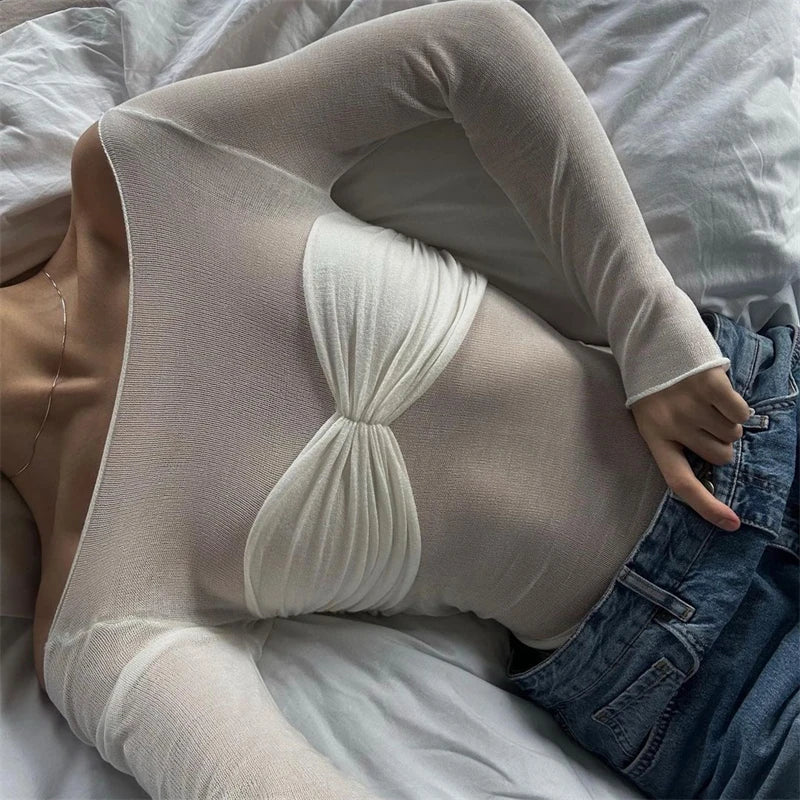 Glorol - See-Through Off-Shoulder Lace Long Sleeve Top