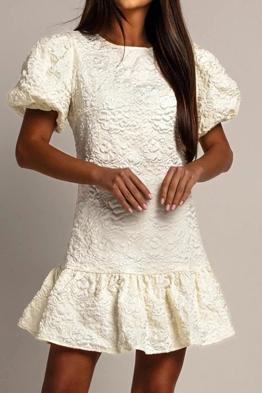 Glorol - Pleated Loose O-Neck Short Sleeve High Waist Mini Dress