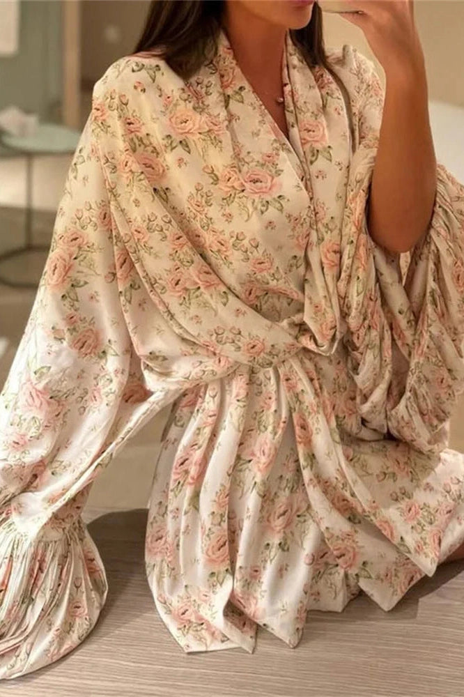 Glorol - Printed V-Neck Lace-Up Patchwork Loose Mini Dress