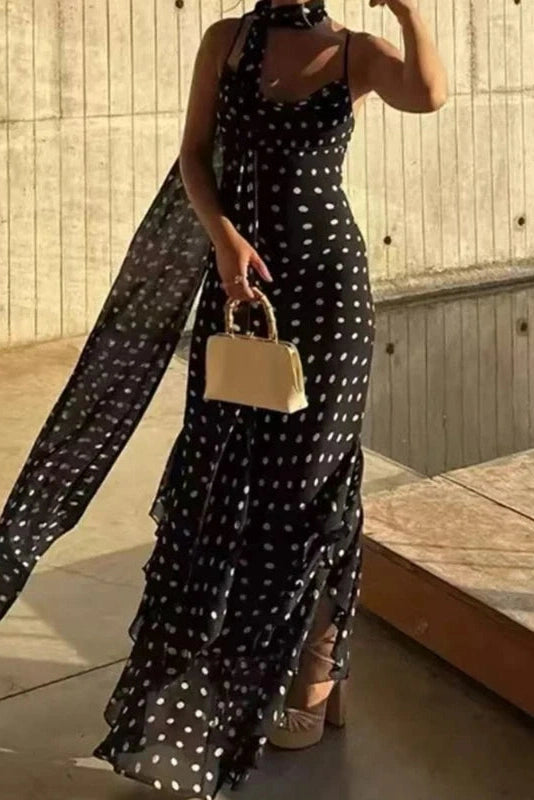 Glorol - Elegant Polka Dot Scarf Fit Backless Sleeveless Maxi Dress