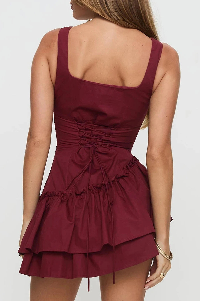 Glorol - Sleeveless Backless Pleated Tie-Up A-Line Mini Dress