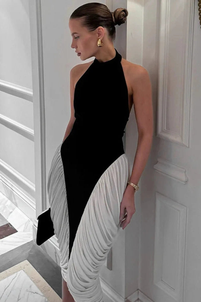 Glorol - Patchwork Backless Sleeveless Pleated Midi Dress