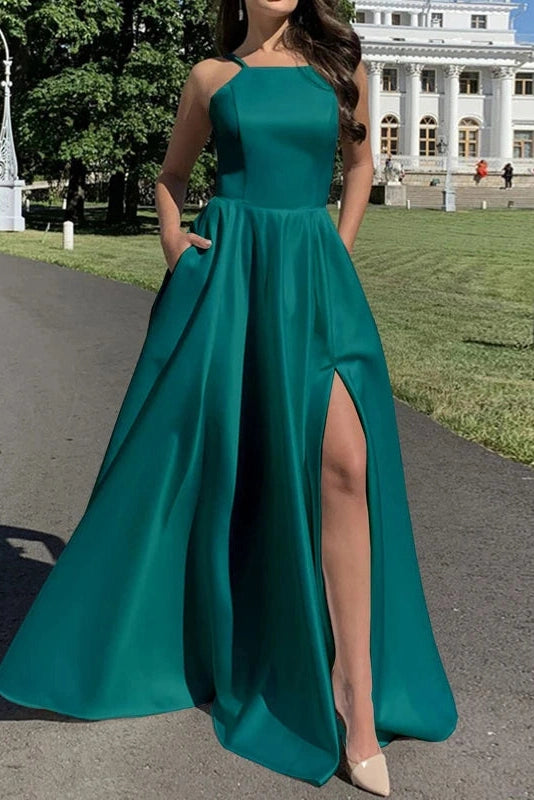 Glorol - Sleeveless Slim High Waist Pleat Square Collar Maxi Dress