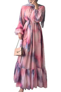 Glorol - Pleated O-Neck High Waist Lace Print Long Sleeve Maxi Dress