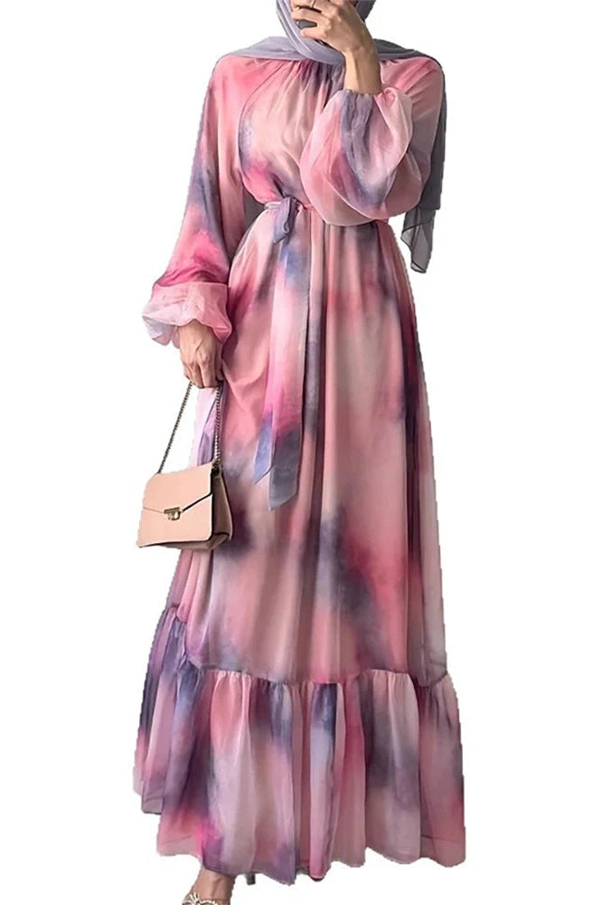 Glorol - Pleated O-Neck High Waist Lace Print Long Sleeve Maxi Dress