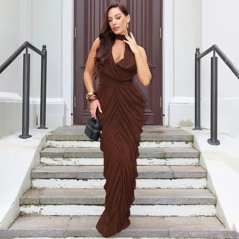 Glorol - Elegant Scarf Collar Backless Patchwork High-Waist Maxi Dress