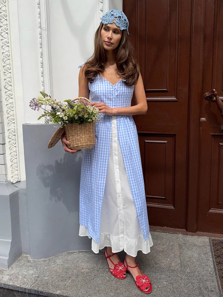 Glorol - Plaid Printed Single Breasted Maxi Dress