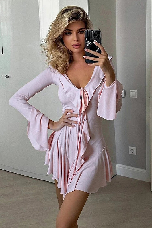 Glorol - Deep V Neck Long Sleeve Slim Mini Dress