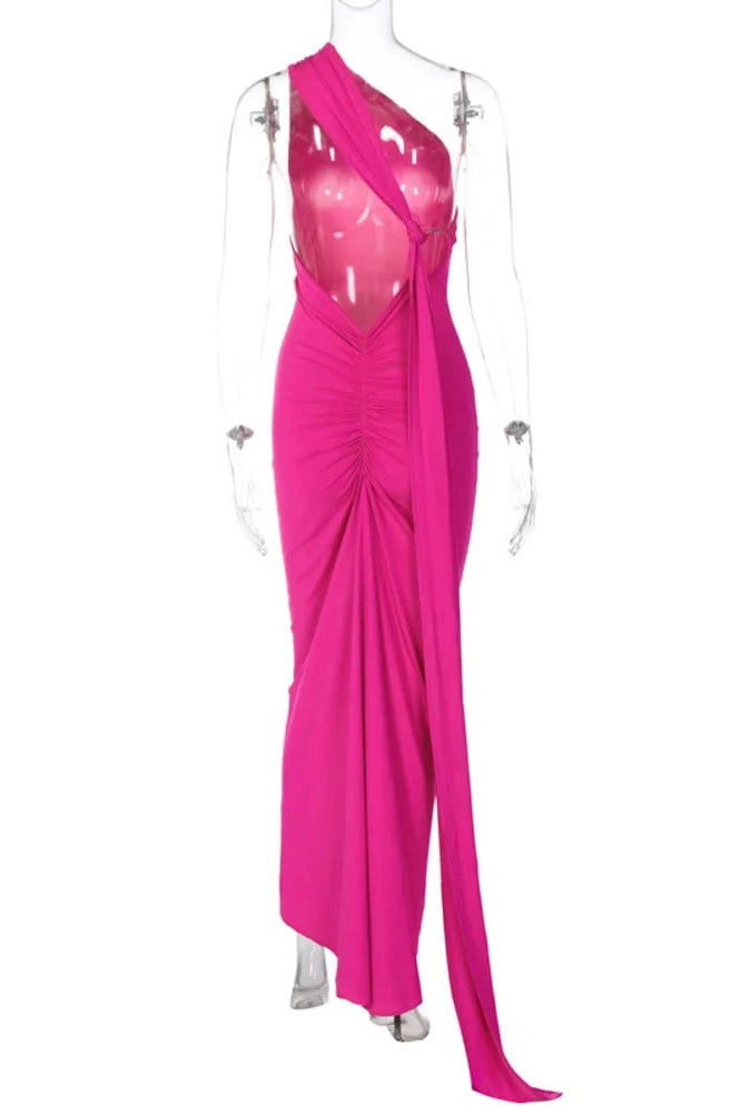 Glorol - Oblique Shoulder Sleeveless Backless Maxi Dress