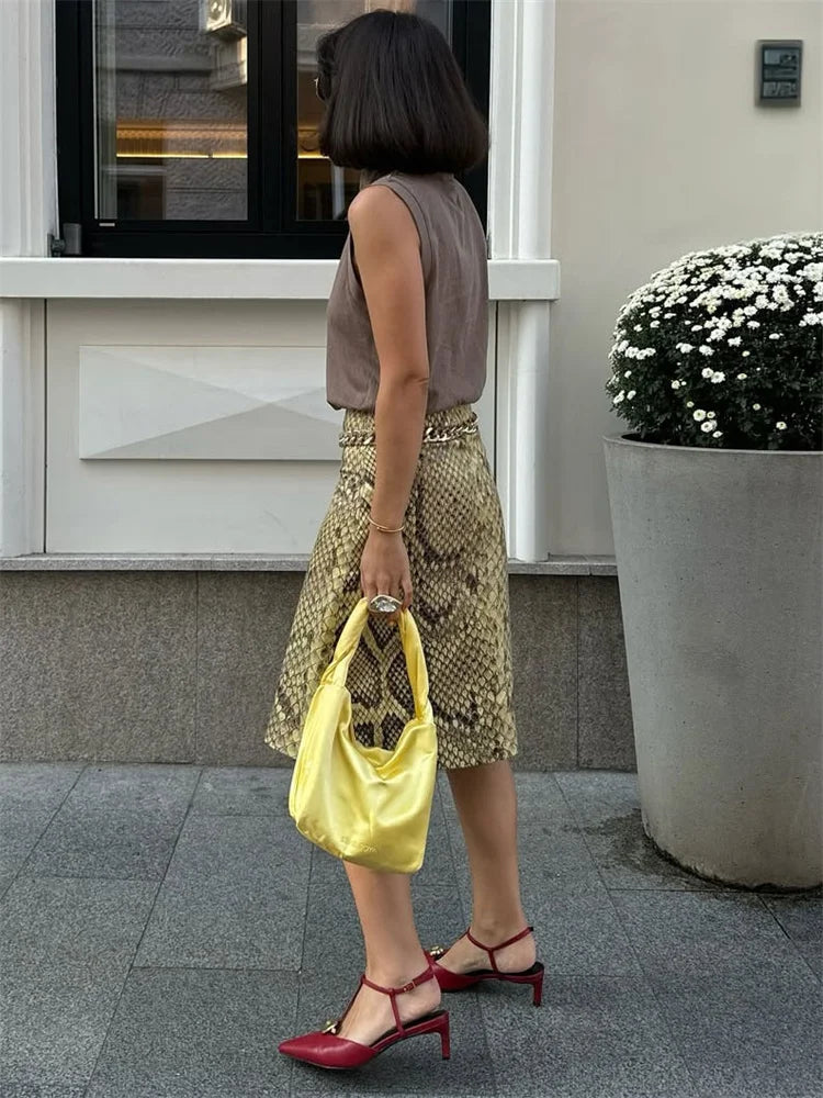 Glorol - High Waist Snakeskin Printed Patchwork Skirt