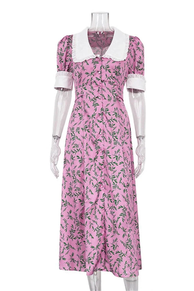 Glorol - Printed Slim Short Sleeve High Waist Midi Dress