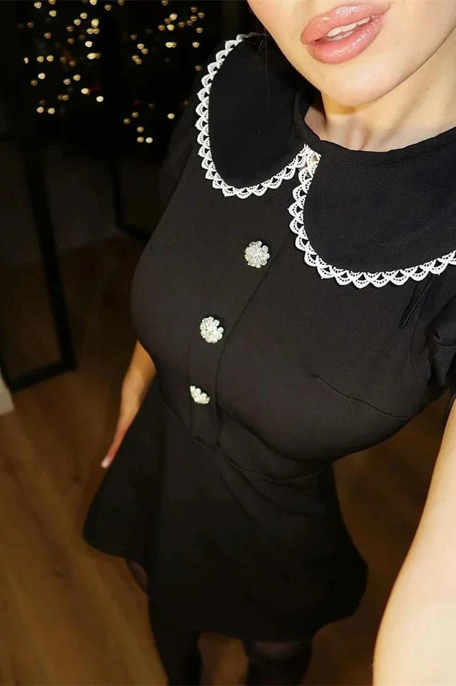 Glorol - Elegant Patchwork Short Sleeve Lace-Up Mini Dress