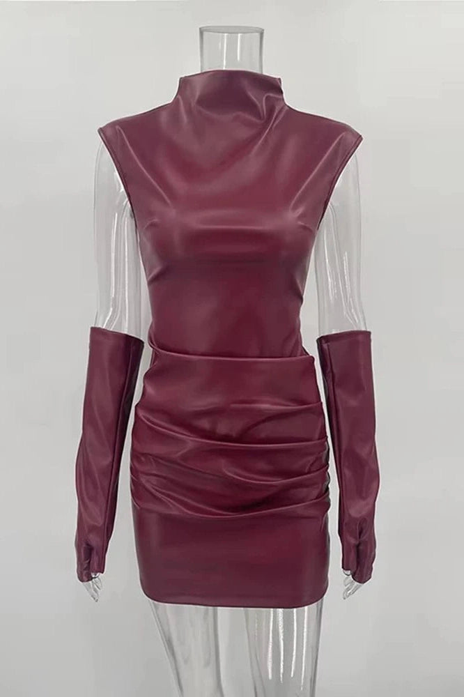 Glorol - Elegant Sleeveless PU Leather Zipper Pleated Mini Dress