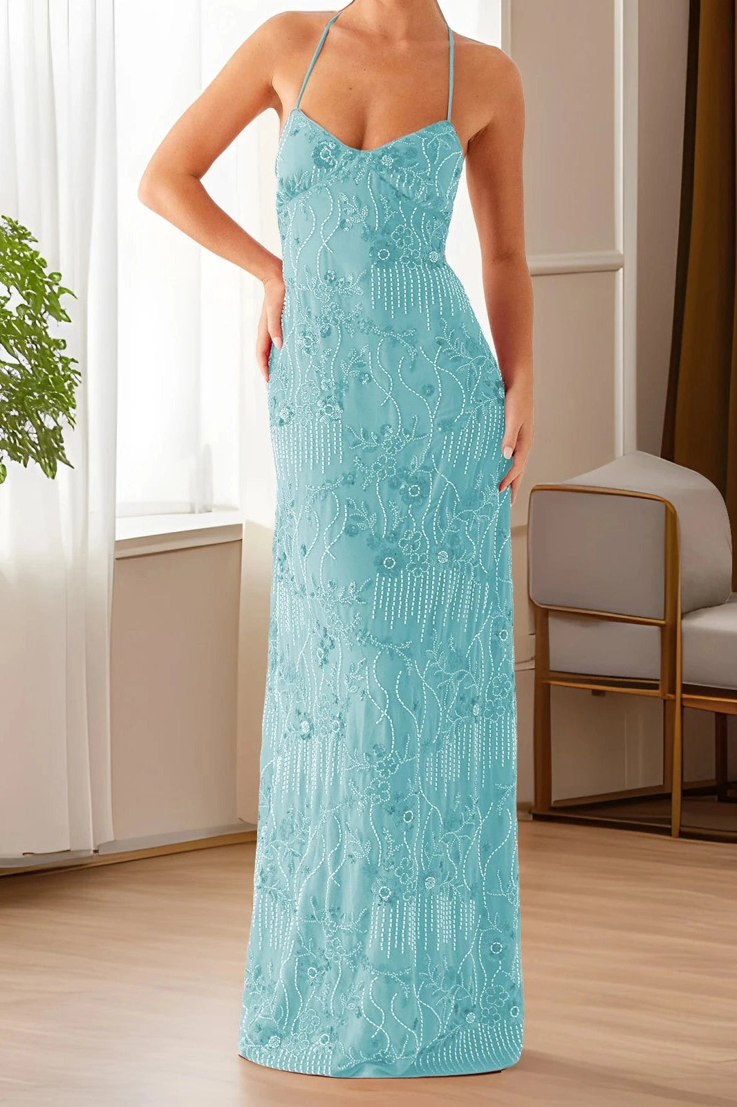 Glorol - Sleeveless Backless Spaghetti Strap Maxi Dress