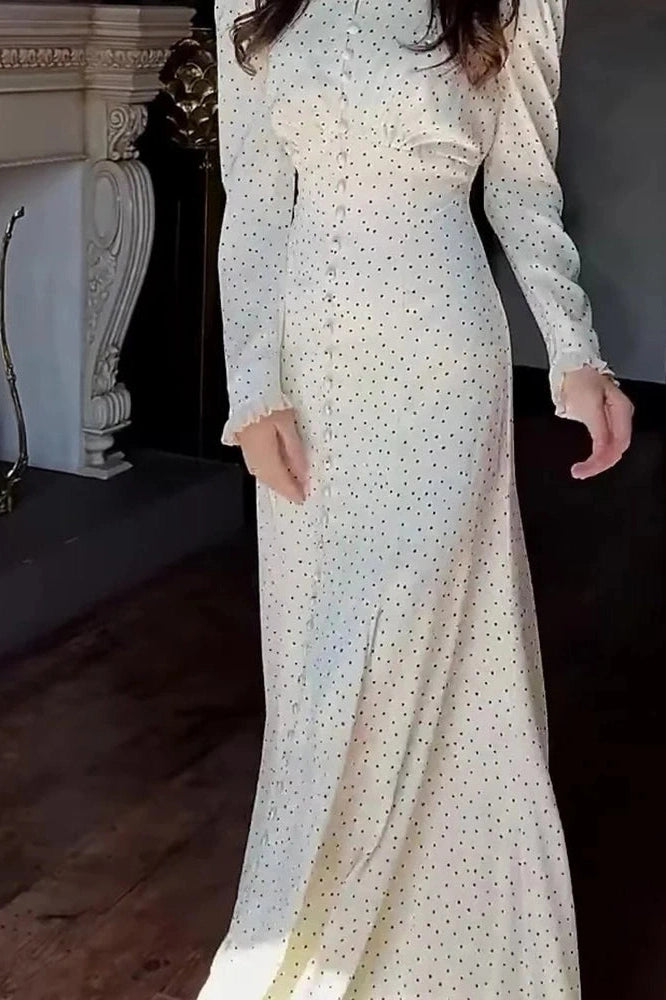 Glorol - Elegant Long Sleeve Slim Lace Up High Waist Pleat Printed Maxi Dress