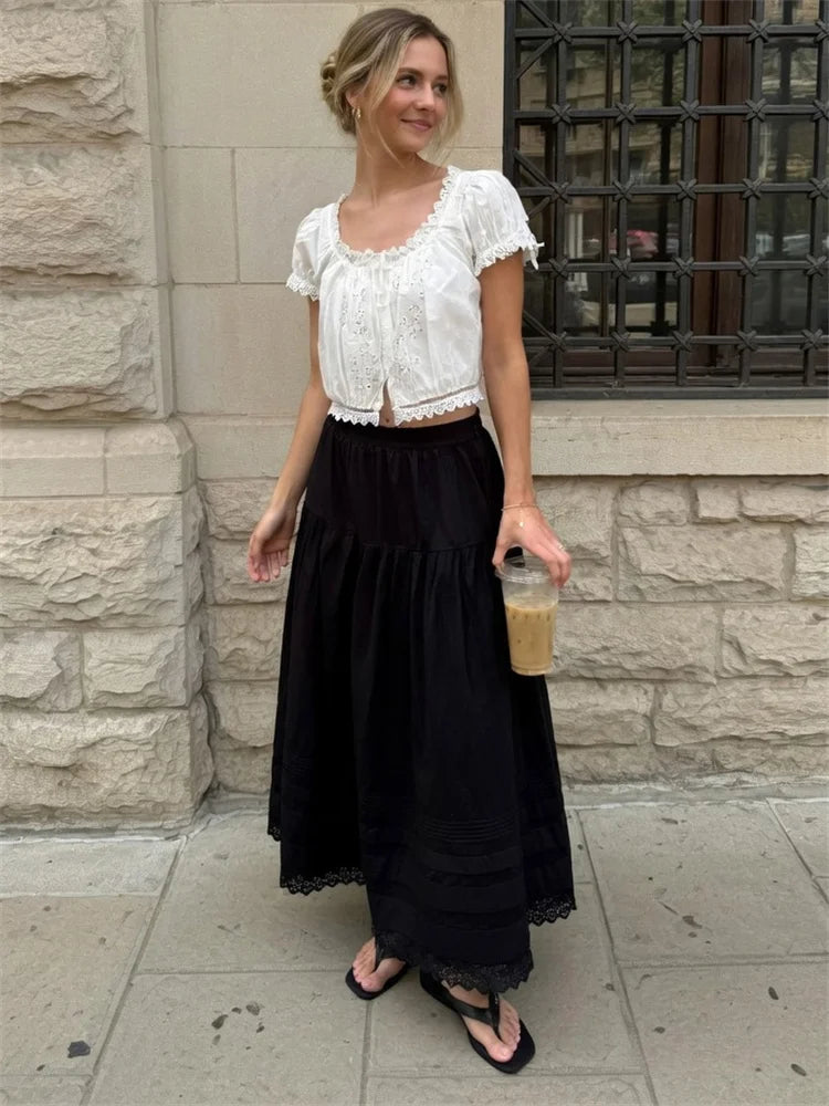 Glorol - High Waist Pleated Loose Lace Skirt