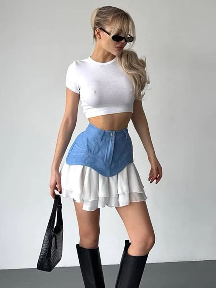 Glorol - High Waist Contrast Patchwork Pleated Skirt