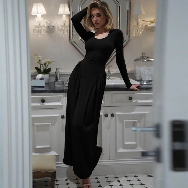 Glorol - Elegant Square Neck Patchwork Long Sleeve Maxi Dress
