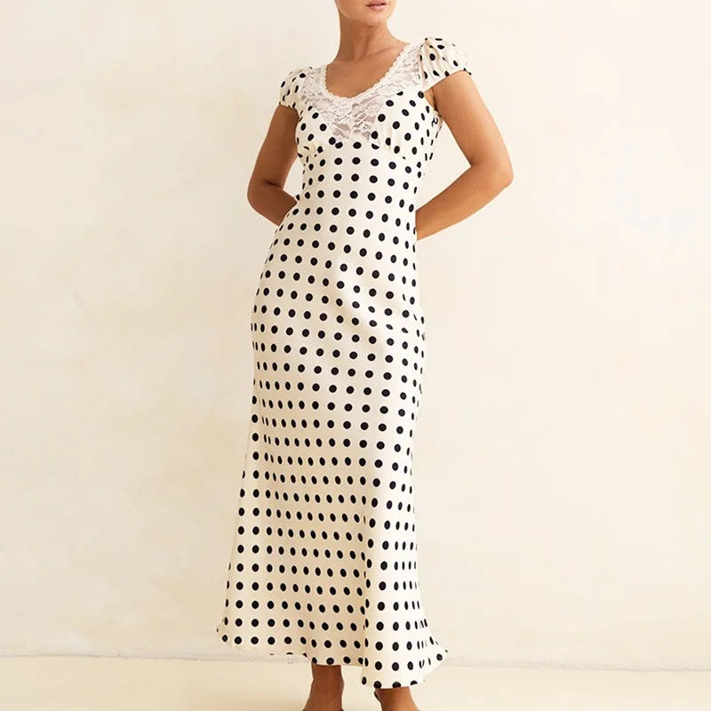 Glorol - Elegant Polka Dot Patchwork Hollow Out Maxi Dress