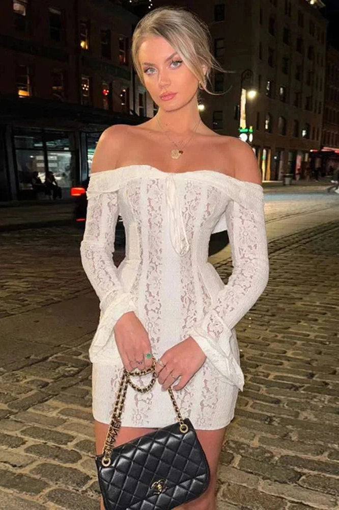 Glorol - Lace Hollow Out Slim Off-Shoulder Long Sleeve Bodycon Mini Dress