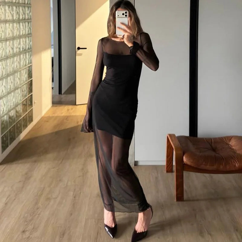 Glorol - Elegant See Through Patchwork High Waist Maxi Dress