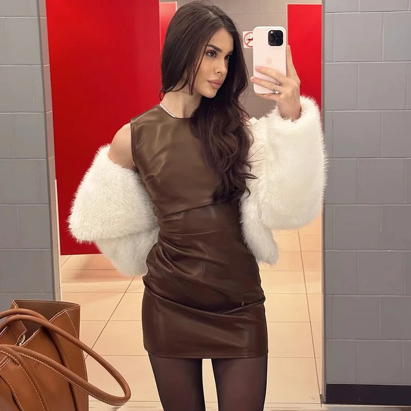 Glorol - Leather Patchwork High Waist Mini Dress
