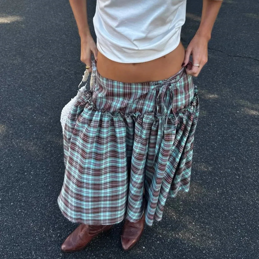 Glorol - Low Rise Plaid Lace Up A-line Skirt