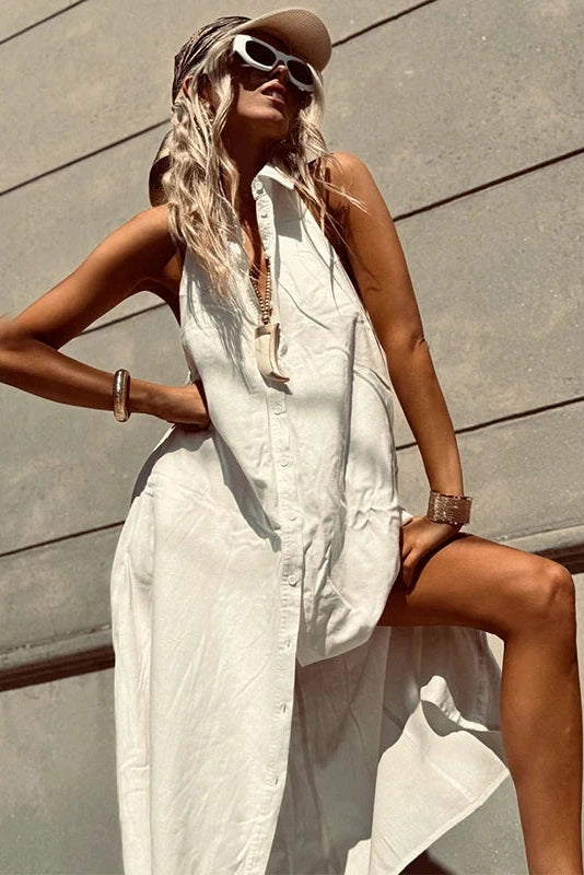 Glorol - Elegant Sleeveless Button Backless Maxi Dress