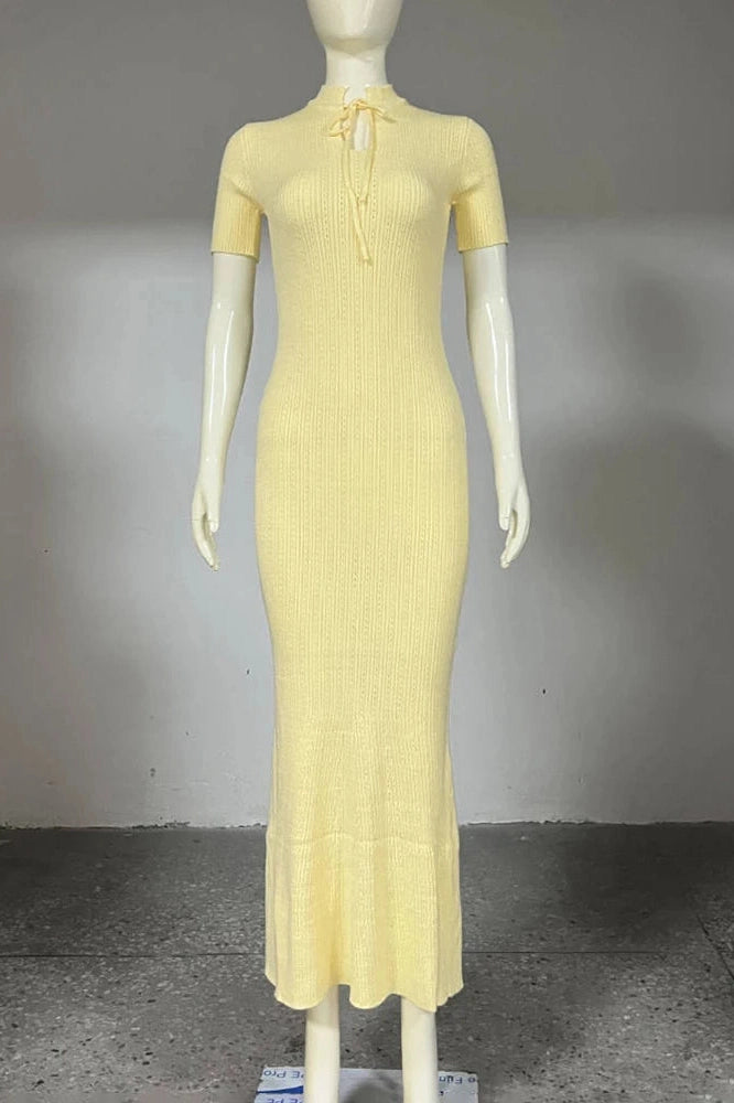 Glorol - Hollow-Out Short Sleeve Knitted Slim High Waist Maxi Dress