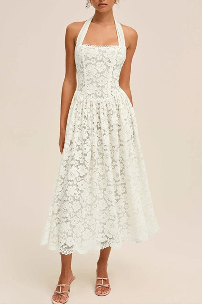Glorol - Hollow Out Backless Sleeveless Slim Pleated Lace Midi Dress