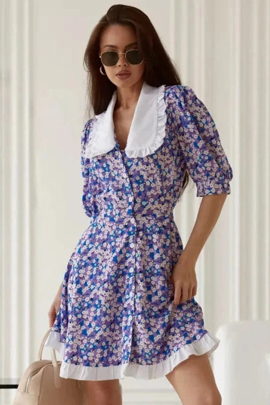 Glorol - Short Sleeves Printed High-Waisted Mini Dress