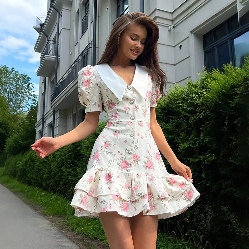 Glorol - Printed Puff Sleeves V-Neck High Waist Mini Dress
