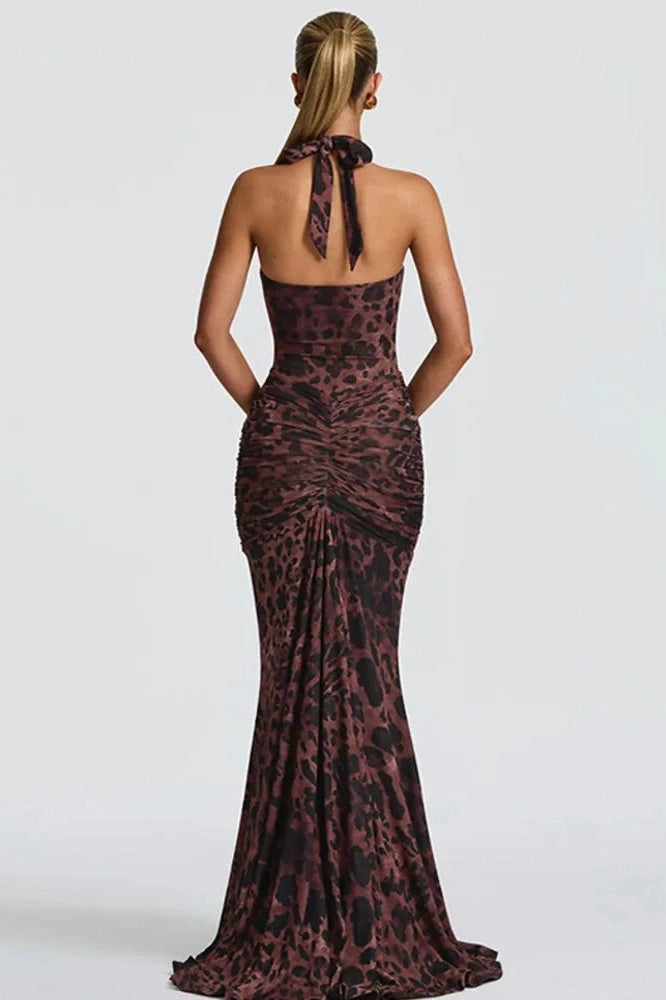 Glorol - Printed Backless Deep V Neck Sleeveless Bodycon Maxi Dress